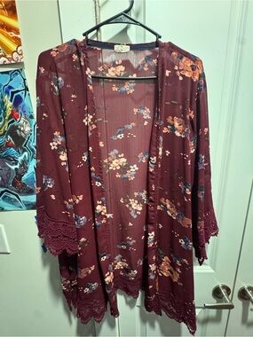 Women's Floral Open Front Kimono Cardigan - Burgundy